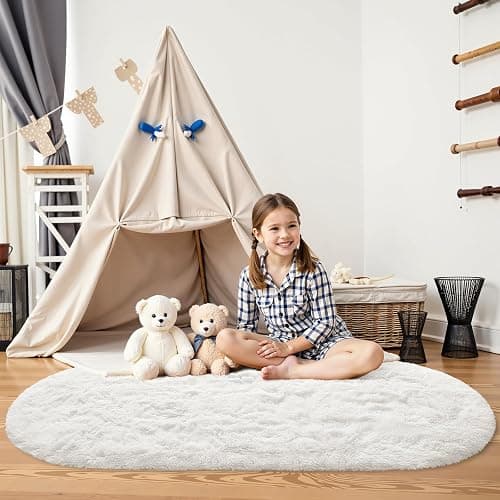 OLANLY Fluffy Soft Area Rugs for Bedroom, 2.6x5.3 Feet Machine Washable Oval Rug, Non-Slip Beside Carpet for Kids Room, Playroom, Nursery, Dorms, Home Decors, Ivory thumbnail 3