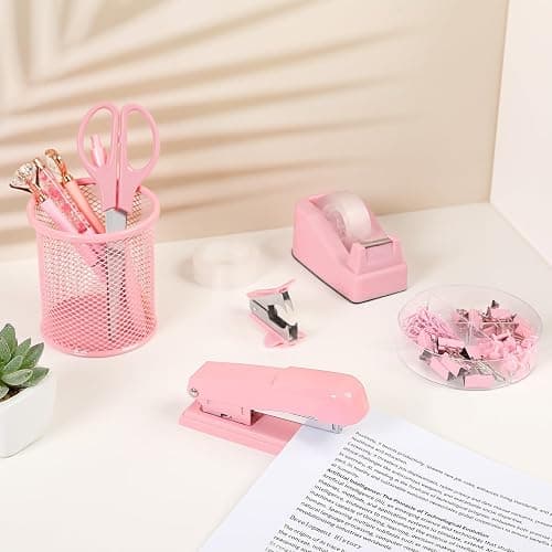 SKYDUE Pink Stapler and Tape Dispenser Set, Pink Office Desk Accessories | Pink Office Supplies, Stapler, Tape Dispenser, Scissors, Clips and 1000pcs Staples,Office Supplies for Desk for Women thumbnail 8