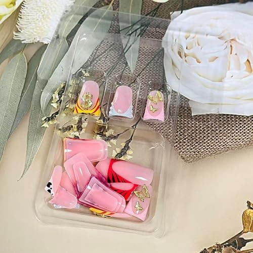FIEONCIY Press on Nails Duck Shaped Glossy Full Cover Acrylic French False Nails with Designs Artificial Medium Duck Fake Nails with Charms Glue ons Fingernails for Women Girls(YZ22) thumbnail 5
