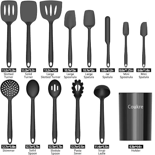 Coukre Silicone Kitchen Cooking Utensils Set with Holder – Heat-Resistant, Food-Grade Kitchen Tools, Spatula, Spoon & Gadgets for Non-Stick Pans, Dishwasher Safe (14, PureBlack) thumbnail 3
