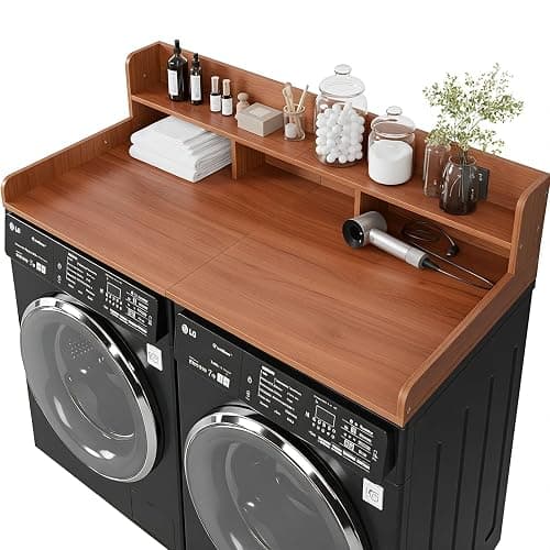 HMAZAE Washer Dryer Countertop with Shelf, 2-Tier Laundry Countertop Over Washer and Dryer, 54" x 27.55" Wooden Table for Folding Clothes for Laundry Room Organization and Storage (Walnut) - Image 1