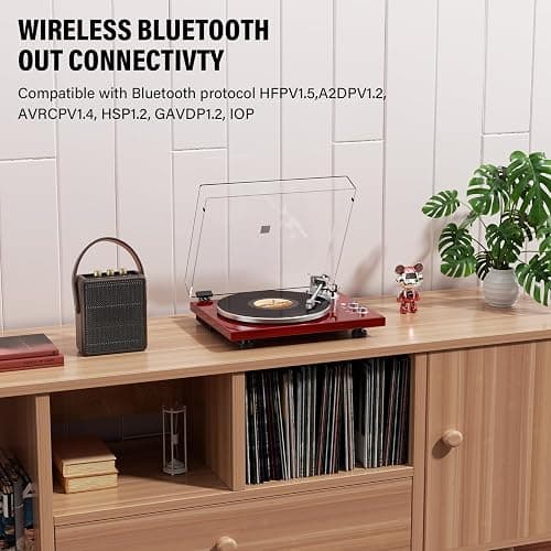 Belt Drive Turntable for Vinyl Record Player,Connect with Bluetooth Speakers or Active Speaker,Built-in Phono Pre-amp,USB Digital Output, Magnetic Cartridge,High-Gloss Wood Design(Red) thumbnail 5