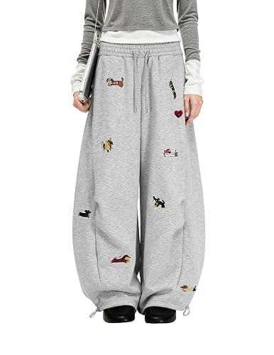 Aelfric Eden Embroidery Puppy Baggy Barrel Sweatpants Casual Y2K Elastic Drawstring Unisex Wide Leg Pants Lantern Trouser thumbnail 4
