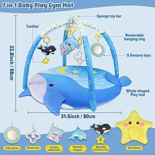 Dr.Rapeti 31x31inch Baby Play Mat, Activity Baby Play Gym with Arch, Playmats & Floor Gyms, Detachable Mirror and Squeaky Soft Set, Thick Non-Toxic Playmats thumbnail 4