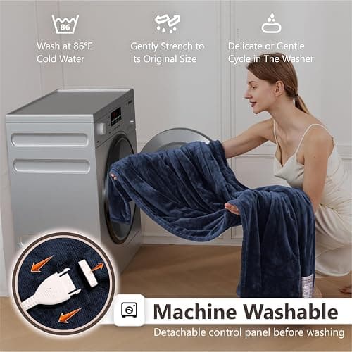 Wapaneus Heated Blanket Electric Blanket 72" x 84" Full Size with 10 Heating Levels and 12 Hours time Settings, Flannel Fast-Heating Electric Blanket, ETL Listed, Machine Washable,Dark Blue thumbnail 6