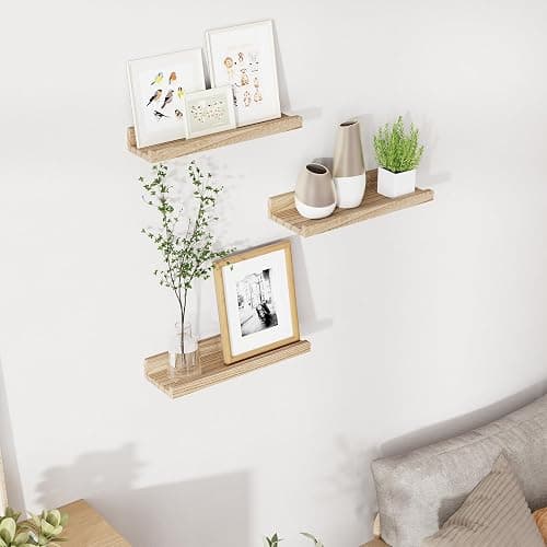 RICHFOCUS Floating Shelves for Wall, 16 inch Solid Wood Picture Ledge Shelf for Wall Storage, Nursery Book Shelves with Lip for Living Room Bathroom Bedroom Kitchen, Set of 3, Carbonized Black thumbnail 2