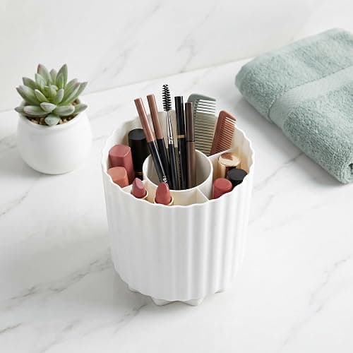 HEANUJJ Rotating Makeup Brush Holder Organizer Plastic Cosmetic Pencil Pen Storage Cup with 5 Slots and Compartments, 360° Access for Vanity Desktop or Bathroom thumbnail 8