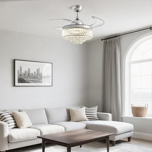 36" Fandelier, Crystal Ceiling Fan with Lights and Remote, Invisible Retractable Dimmable Chandelier Fan, 6-Speed Reversible Timer Ceiling Fan Light Kit for Bedroom Living Room Dining Room-Chrome thumbnail 9