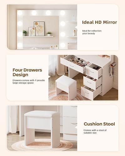 LIVELYGLOW White Makeup Vanity Desk with Charging Station & 4 Drawers | 10 LED Bulbs, HD Mirror, Cushioned Stool, Hairdryer Rack thumbnail 5