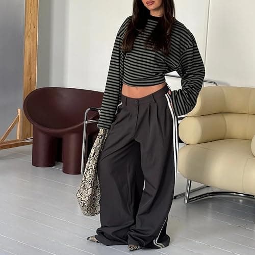 KOSUSANILL Women Oversized Striped Long Sleeve Shirt Crewneck Cropped Tops Drop Shoulder Y2K Preppy Sweatshirt Fall Clothes thumbnail 5