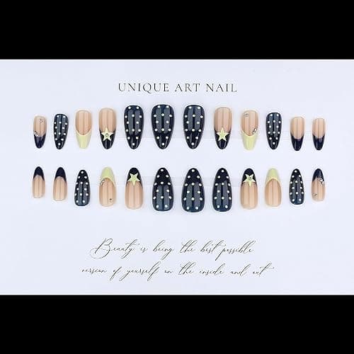 octoswave Press on Nails Long Almond Shape Star and Polka Dot Design Celestial Navy Blue French Tip False Nails for Women Party and Prom Night 24 Pcs thumbnail 3