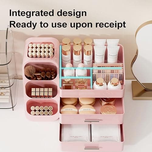 KQJS Makeup Organizer with Drawers,Large Capacity Countertop Organizer for Vanity,Bathroom and Bedroom Desk Cosmetics Organizer,Easy To Storage Skincare,Brushes,Lotions,Lipstick (All Pink) thumbnail 6