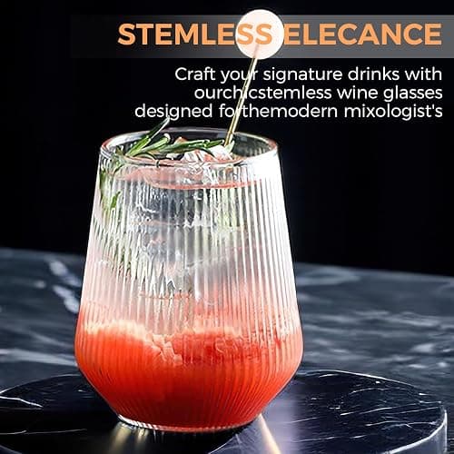Ausune 6 Pack 460ml Ribbed Wine Glasses, Juice Cocktail Glasses Drinking Glassware Origami Style Fluted Ripple Beverage Tumblers Set, 15.55oz Vintage Stemless Cups for Home, Restaurant, Events & Part thumbnail 4
