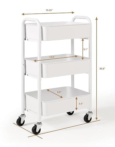 SunnyPoint 3-Tier Delicate Compact Rolling Metal Storage Organizer - Mobile Utility Cart Kitchen/Under Desk Cart with Caster Wheels - WHT (15.35" X 10.24" X 26.8"H) - Wht - 15.35" X 10.24" X 26.8"H thumbnail 3
