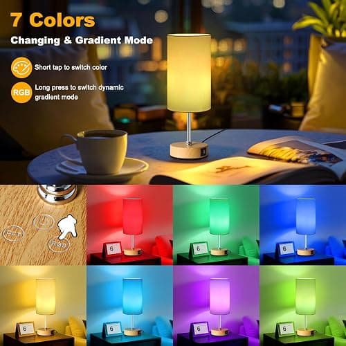 Unicozin Table Lamp with Wood Grain Base, 3 CCT 3000K/4500K/6500K & RGB Color Changing, Stepless Dimmable Small Bedside Lamp for Reading, Ambience Nightstand Light for Home Decor Party, White Shade thumbnail 4