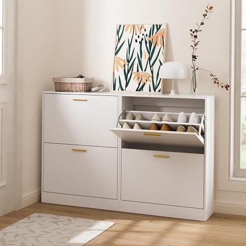 LYNSOM Shoe Cabinet, Free Standing Tipping Bucket Shoe Rack Organizer with 2 Flip Drawers, Modern Entryway Shoe Storage with Top Display, Narrow Slim Hidden Shoe Cabinet (White) thumbnail 8
