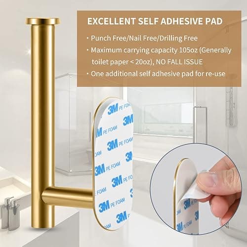 LAYUKI Toilet Paper Holder,Gold,Wall Mount, Upgraded Adhesive Toilet Roll Holder,no Drilling,Bathroom/Rv/Washroom,SUS 304 Stainless Steel,Rustproof (Gold, 1 Piece) thumbnail 5