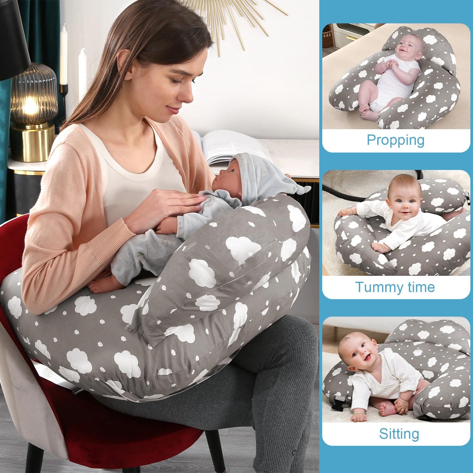 Nursing Pillow for Breastfeeding, Multifunctional Breast Feeding Pillow with Adjustable Waist Strap and Safety Fence, 100% Cotton Removable Pillowcase, Pregnancy Gift Grey thumbnail 5