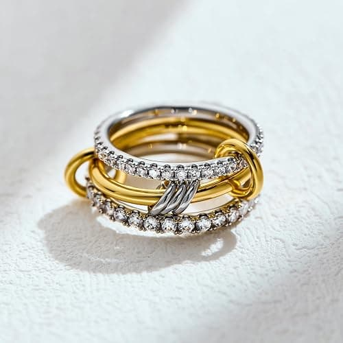 AllenCOCO 14K Gold Plated Stackable Rings, 3 Ring Set with CZ Cubic Zirconia, Gold & Silver Stacked, Interlocking Band for Women Statement thumbnail 2