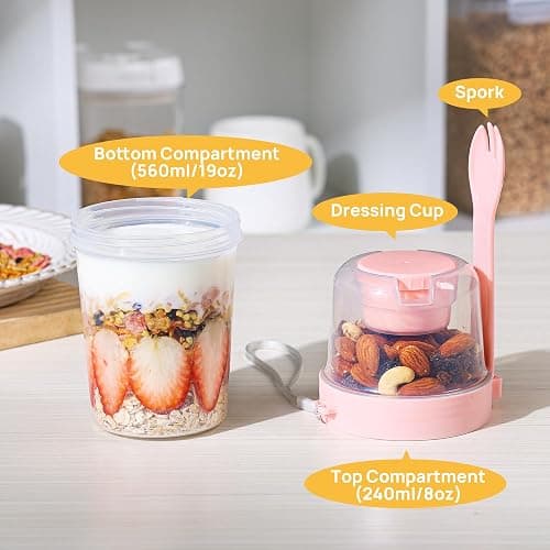 Vtopmart 4 Pack 27oz Yogurt Parfait Cups with Lids and Spoons, Overnight Oats Containers, Reusable Topping Compartment for Breakfast with Yogurt, Cereal or Oatmeal On-the-Go thumbnail 4