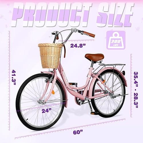 Max4out Beach Cruiser Bike for Adult, Womens Bicycle with Rattan Front Basket, 24 & 26 Inch Comfort Bikes with Adjustable Seat and Dual V-Brake (Pink & White & Green & Purple & Black) - 24 - Pink thumbnail 2