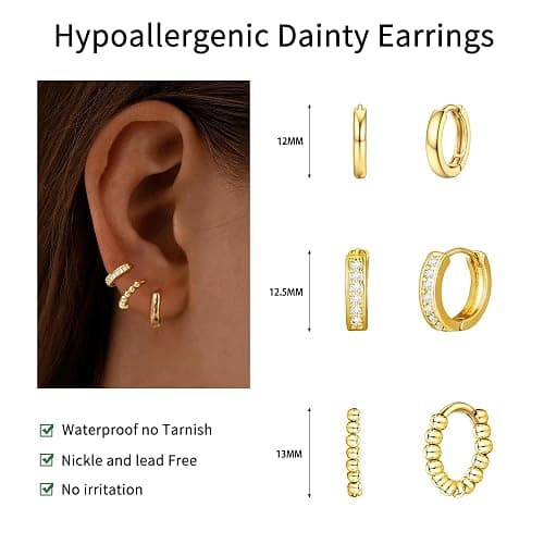 Turandoss Small Gold Hoop Earrings for Women Trendy - 14K Gold Plated Beaded Hoops Hypoallergenic Huggie Cubic Zirconia Earrings, Dainty Hoops Earring Set for Multiple Piercing thumbnail 7