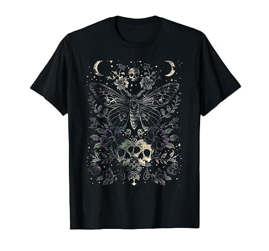 Cottagecore Floral Moth Skull Moon Goth Witchy Aesthetic T-Shirt - Image 1