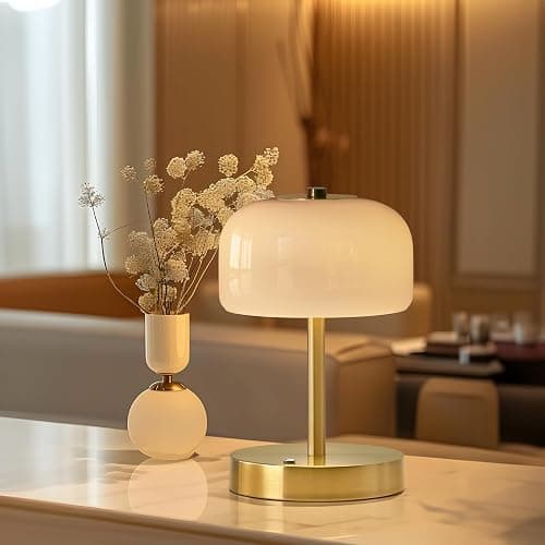 PORTRES Cordless Table Lamp Rechargeable Battery Operated Mushroom lamp Opal Glass Shade 3 Way Dimmable LED Touch Outdoor Lamp for Camping Bedroom Dining Living Room Beside Patio Restaurant,Gold thumbnail 7