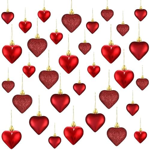 Skylety 30 Pieces Christmas Heart Ornaments, Heart Shaped Decorations Tree Hanging Baubles for Xmas Valentine Wedding Anniversary, 3 Styles 2 Size (Red) - Image 1