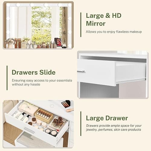 FIONESO Makeup Vanity with Large Mirror, Vanity Desk with Power Outlets & 12 Lights, Makeup Vanity Desk with 5 Drawers & Stool, Dressing Table for Bedroom, Woman, White thumbnail 7