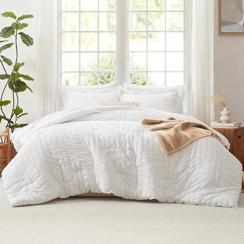 CozyLux Oversized Queen Comforter Set White Seersucker 7 Pieces 98x98 Bed in a Bag Comforter Set with Sheets, Luxury Soft Bedding Sets with Down Alternative Comforter, Sheets, Pillowcases & Shams thumbnail 3