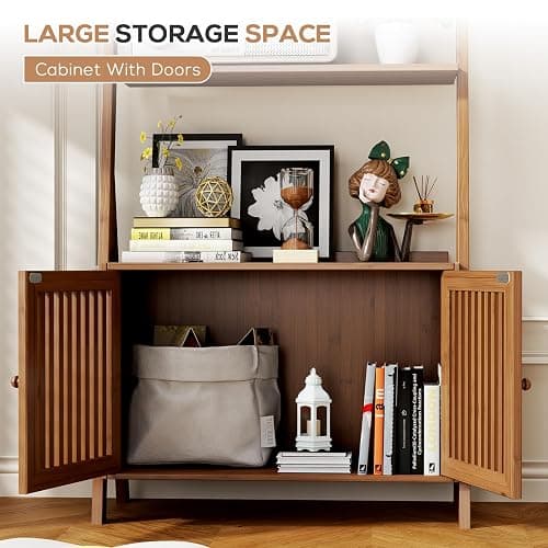 Bookcase with Drawers, 4-Tier Bamboo Bookshelf Ladder Shelf with 6 Hooks, Tall Narrow Retro Book Shelf, 24.8"L x 10.6"W x 59.5"H, Standing Storage Organizer for Living Room, Office, Bedroom, Walnut thumbnail 6