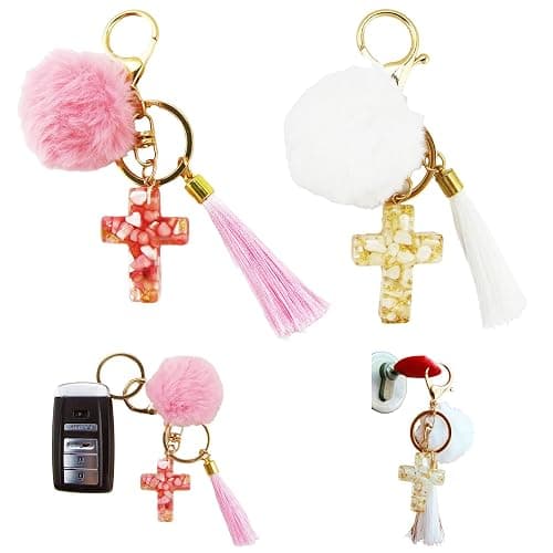 Tinsparkwin 2Packs Cross Pom Pom Keychains Christian Keyring Tassels Plush Resin Jesus Key Chain Bag Charm Phone Key - Image 1