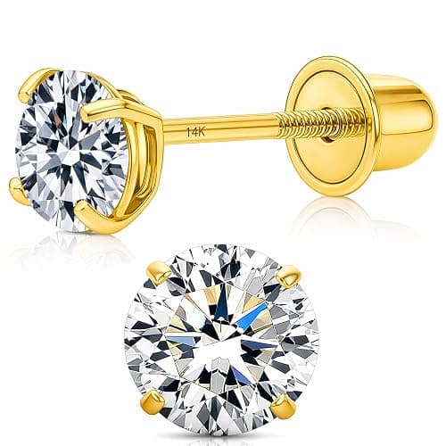 Art and Molly 14K Solitaire Gold Earring Solid 14-Karat Round Cubic Zirconia Stud Earrings with Screw-Back, CZ Studs with Gift-Ready Box - Image 1