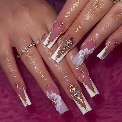 QQPPOLIU Nail Press Ons - French, Nude, Flower & Rhinestone Designs - Long, Medium, Coffin, Square, 3D, Glitter, Fake Nails - 24pcs