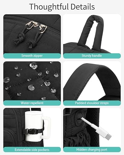 CLOKARS Quilted Laptop Backpack for Women, College Bookbag with Tumbler Holder Pocket for Nurse Teacher Work Travel, Puffer School Backpack for Teen Girls Big Student, Black thumbnail 6