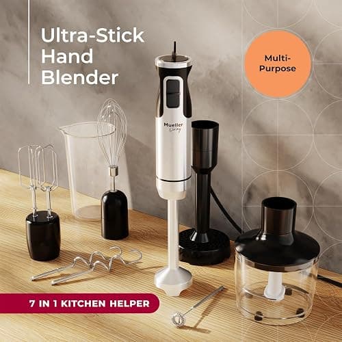 MuellerLiving Immersion Hand Blender Full Set - 8 Speed Immersion Blender, Hand Mixer with 7 Attachments: Stainless Steel Blade, Whisk, Milk Frother, Beater, Mixing Hooks, Potato Masher, Chopper Bowl thumbnail 3