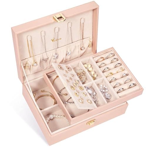 Voova Jewellery Box Organiser for Women Girls, 2 Layers Large Jewelry Storage Case, PU Leather jewlerrying Display Holder with Removable Tray for Necklace Earrings Rings Bracelets, Gifts, Pink - Image 1