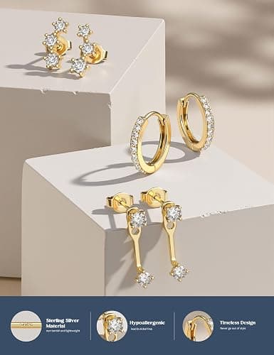 FIASASO 3 Pairs 925 Sterling Silver Hypoallergenic Earrings for Women Trendy - 14K Gold Plated Stud Hoop Cartilage Earrings Set Small Earring Stacks for Sensitive Ears Non Tarnish Dainty Silver Earring thumbnail 4