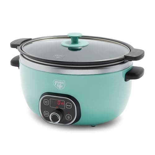 GreenLife 6QT Ceramic Slow Cooker, PFAS-Free, Programmable, Removable Healthy Nonstick Pot for Family Meals, Sear on Stovetop, Keep Warm, Digital Timer, Dishwasher Safe Crock, Turquoise - Image 1