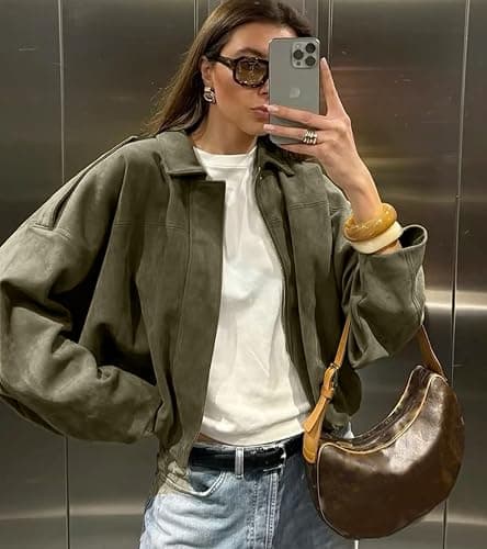 Bnigung Womens Faux Suede Bomber Jacket Casual Lapel Pilot Cropped Coat Oversized Motorcycle Jackets 2025 Outerwear thumbnail 7