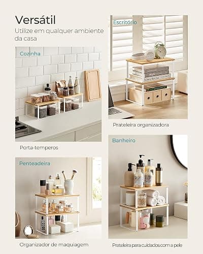 SONGMICS Cabinet Organizer Shelf, Set of 2 Kitchen Counter Shelves, Kitchen Storage, Spice Rack, Stackable, Expandable, Metal and Engineered Wood, 11.7 Inches, Cloud White and Natural Beige UKCS02NW thumbnail 6