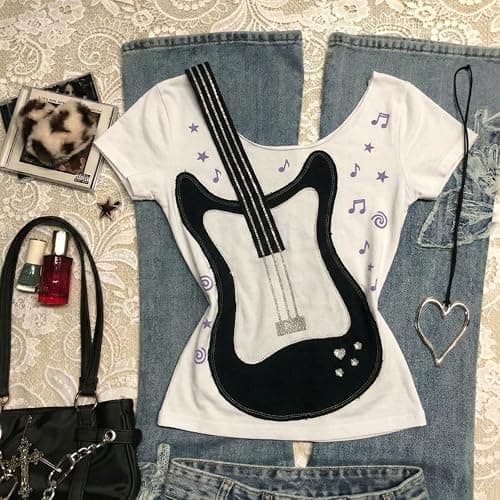 JOLILUNA Whimsy Twee Clothes Whimsigoth Graphic Guitar Top Y2k Grunge Streetwear Emo T Shirt thumbnail 2