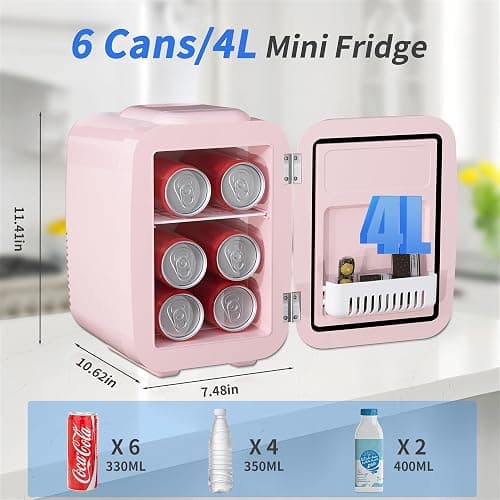 YASHE Mini Kühlschrank, 4 Liter Mini-Kühlschränke für Kosmetik, Getränke, 220V AC/ 12V DC Thermoelektrische Kühlung und Erwärmung, Kleiner Kühlschrank für Schlafzimmer, Büro, Wohnheim, Auto (Rosa) thumbnail 2