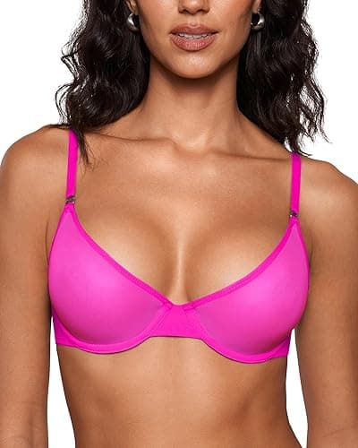 INLYRIC Women's Cosnufy Sheer Balconette Bra Demi Unlined Plunge Mesh See Through Sexy Bras Underwire - 36D - Bright Pink