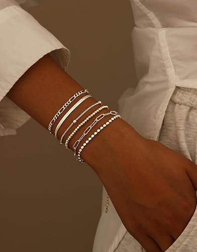 DEARMAY Dainty Silver Plated Chain Bracelets for Women Trendy, Waterproof Silver Jewelry Sets Fashion Stackable Beaded Figaro Herringbone Paperclip Chain Bracelet Pack Stack Gifts thumbnail 4
