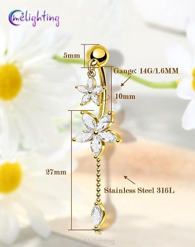 Melighting 14G Lotus Belly Button Ring Dangle Navel Ring Surgical Steel | 316L Reverse Belly Piercing Jewelry AAA Cubic Zircon, 10 mm Silver Gold Double Flower Barbell Bar Body Jewellery for Women thumbnail 5