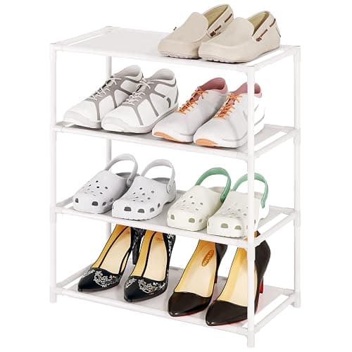 Vockot Small Shoe Rack 6-8 Pairs Sturdy Shoe Shelf 4-Tiers Narrow Stackable Shoe Organizer,Lightweight Kids Shoe Racks for Entryway, Doorway and Closet(White) - Image 1
