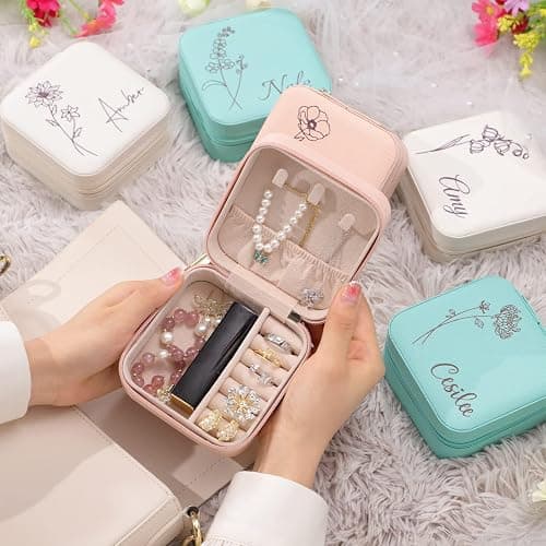 Corissy Personalized Jewelry Box for Women, Custom Travel Jewelry Case with Name and Birth Flower, Leather Jewelry Box for Rings, Earrings, Necklaces, Personalized Gifts for Women thumbnail 2