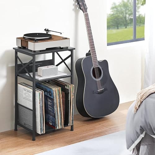 AMHANCIBLE Record Player Stand with Charging Station, Turntable Stand with Storage Cabinet, 3 Tier End Table Hold Up to 100 Albums, Record Stand for Vinyl, Living Room, Black, HETCD01BK-1 thumbnail 2